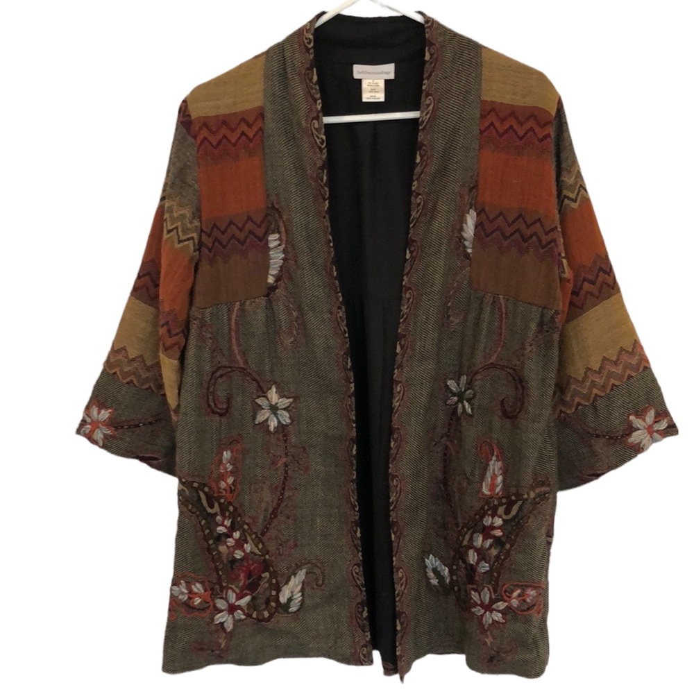 Soft Surroundings wool tapestry embroidered open front cardigan with pockets.